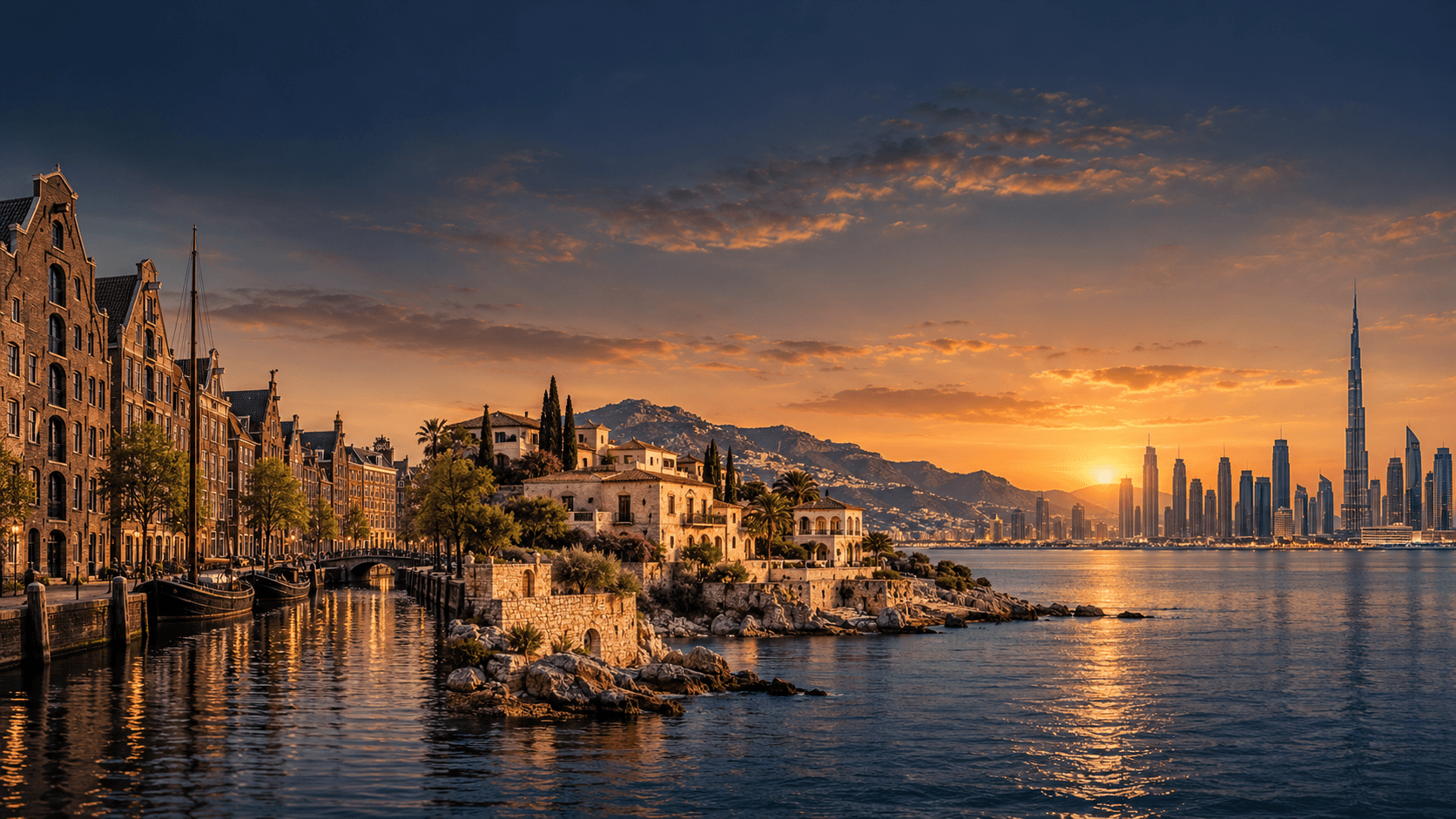 An artistic impression of our journey: Amsterdam, Spain and Dubai.