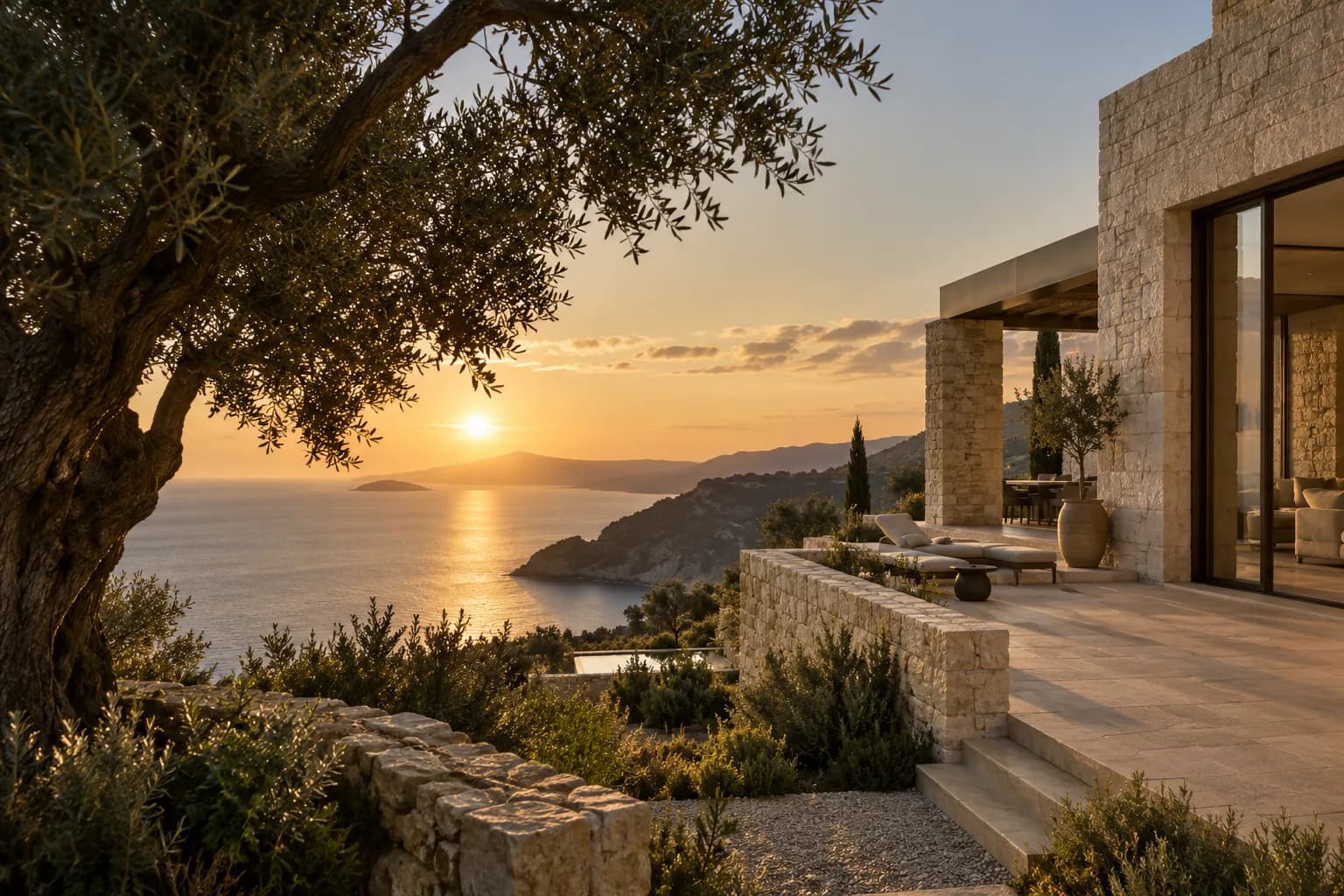 Imagen ilustrativa de arquitectura mediterránea de piedra con vistas al mar al atardecer.