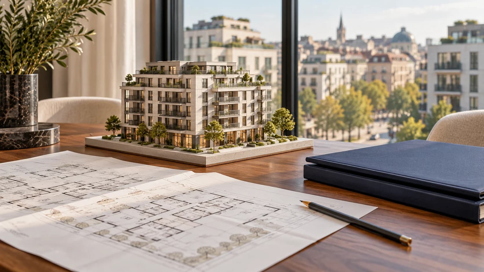 Maqueta de un edificio residencial junto a planos y carpetas de documentación sobre un escritorio.
